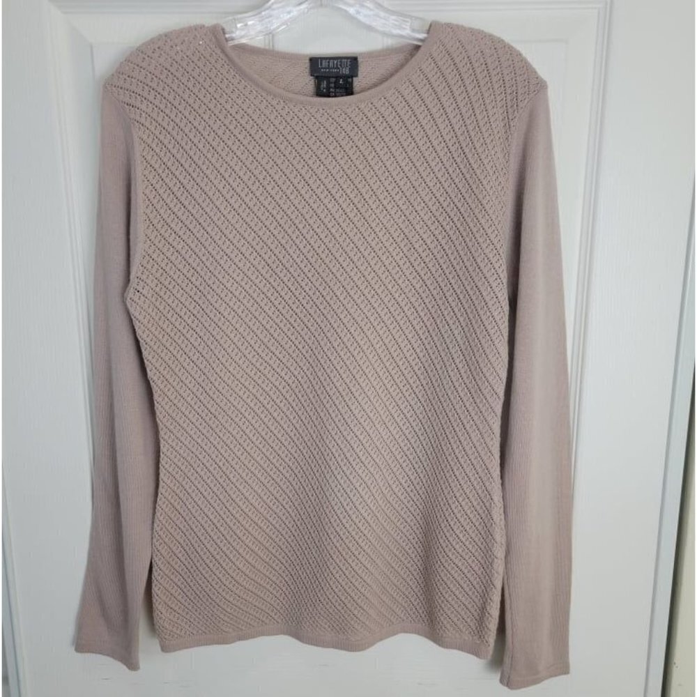 LAFAYETTE 148 Size Large L Pink 100% Merino Wool Eyelet Knit Pullover Sweater